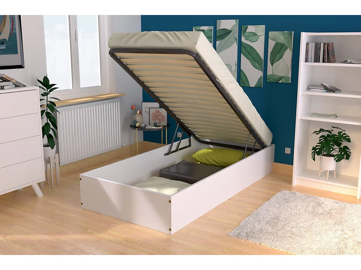 Lit coffre 90x200 - 1 place bois massif, Blanc