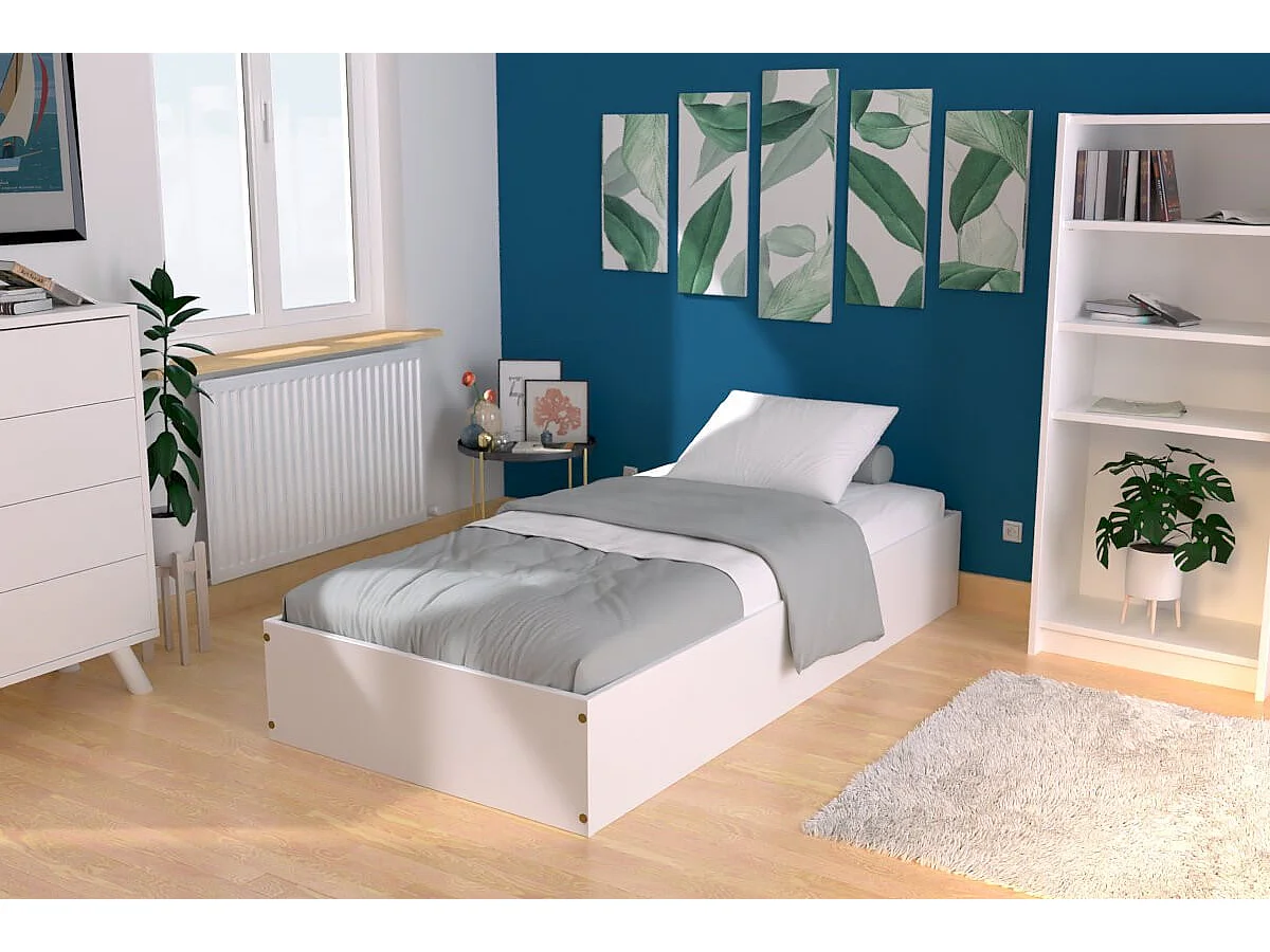 Lit coffre 90x200 - 1 place bois massif, Blanc