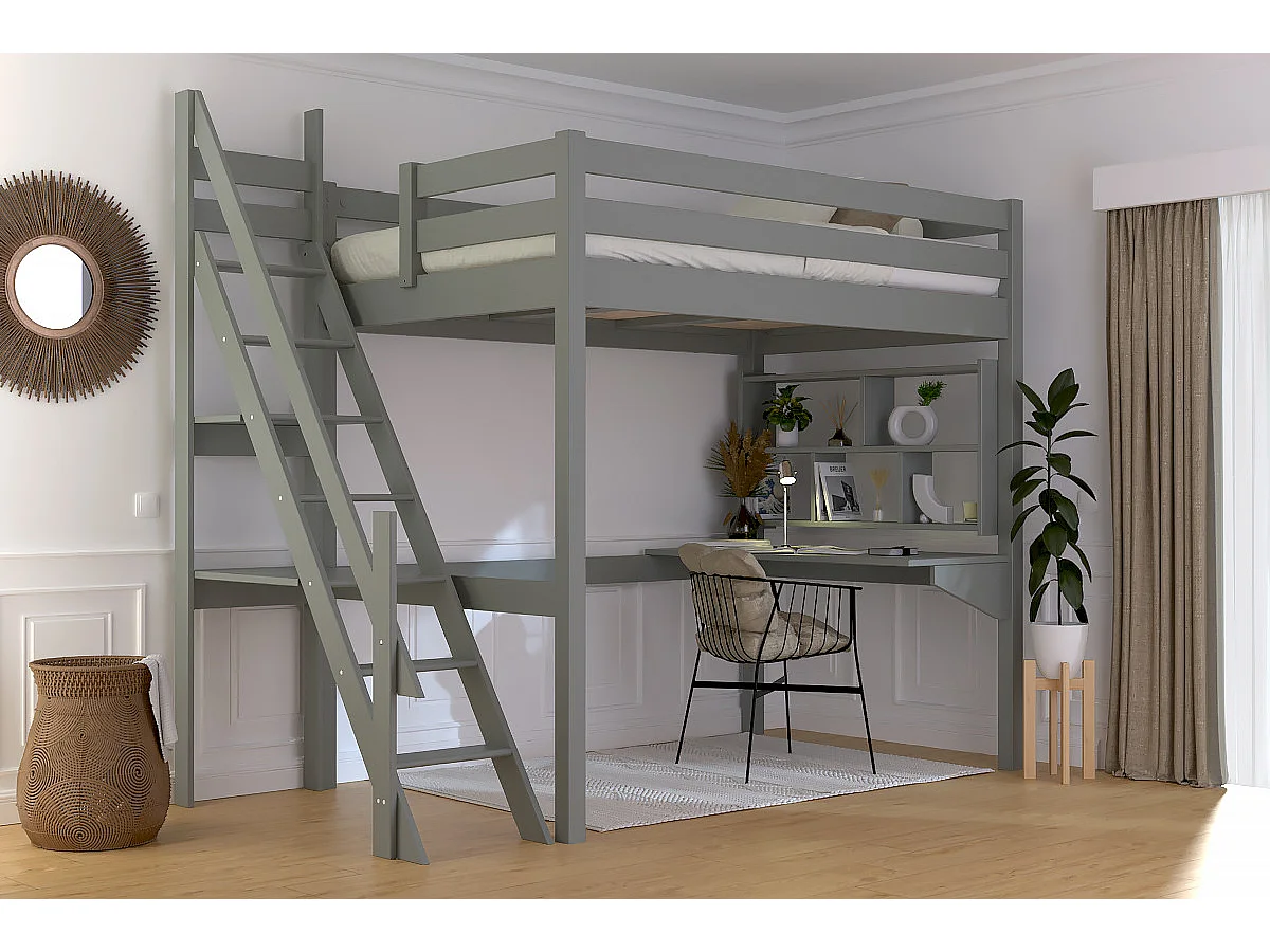 Lit mezzanine bois 120x200 Sylvia avec escalier de meunier, Gris