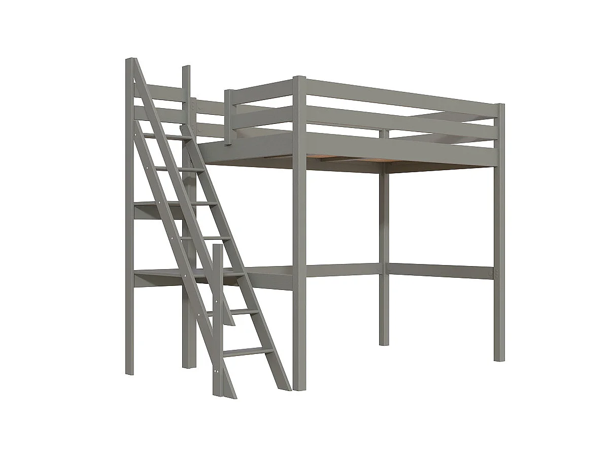 Lit mezzanine bois 120x200 Sylvia avec escalier de meunier, Gris