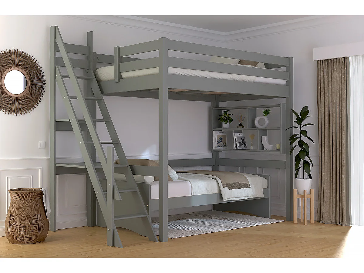 Lit mezzanine bois 120x200 Sylvia avec escalier de meunier, Gris