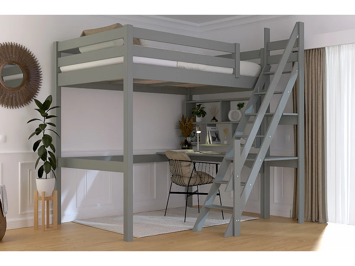 Lit mezzanine bois 120x200 Sylvia avec escalier de meunier, Gris