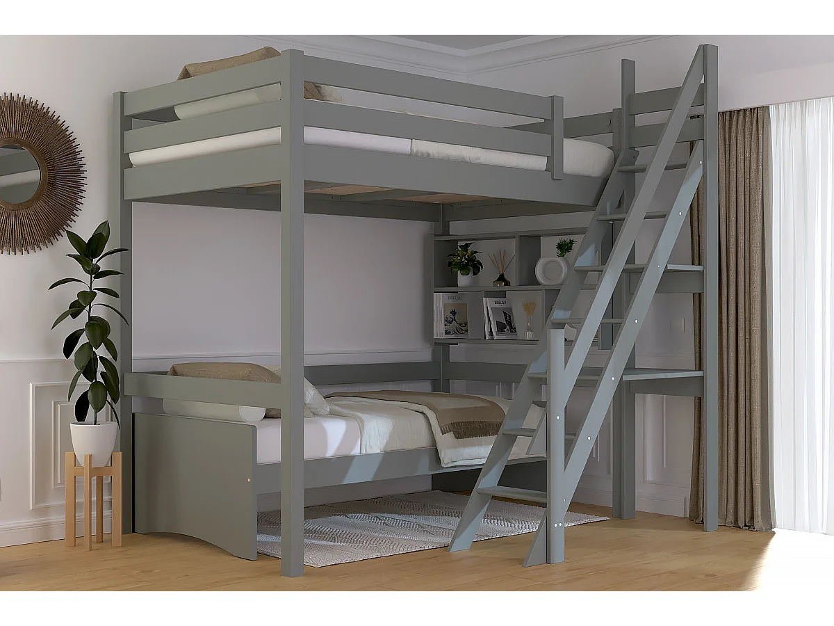 Lit mezzanine bois 120x200 Sylvia avec escalier de meunier, Gris