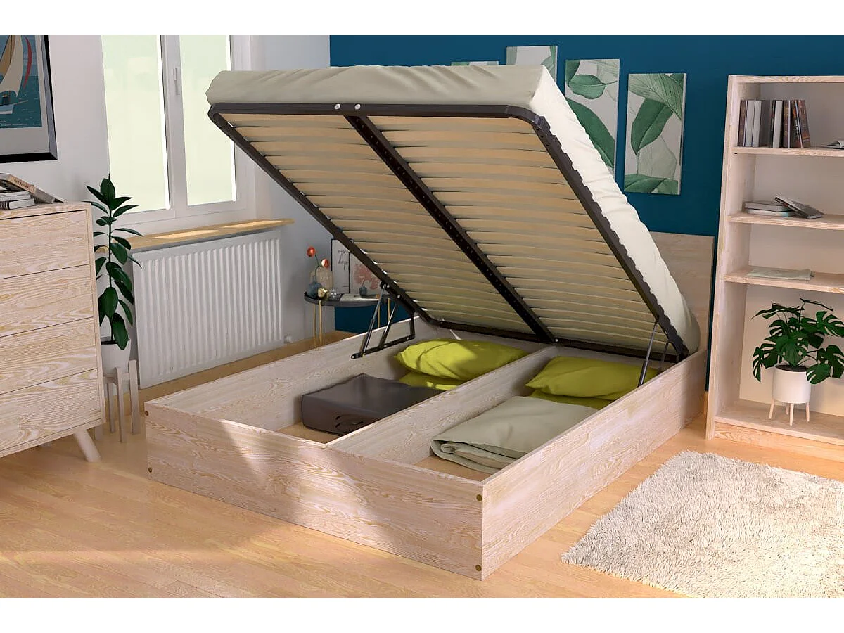Lit coffre 2 places avec tête de lit en bois - 160x200, Brut (sans vernis)