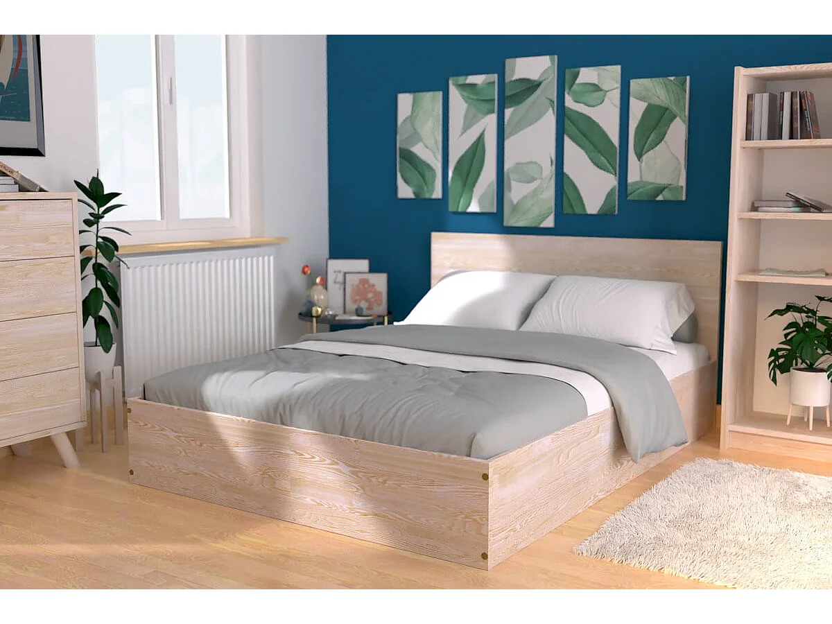 Lit coffre 2 places avec tête de lit en bois - 160x200, Brut (sans vernis)
