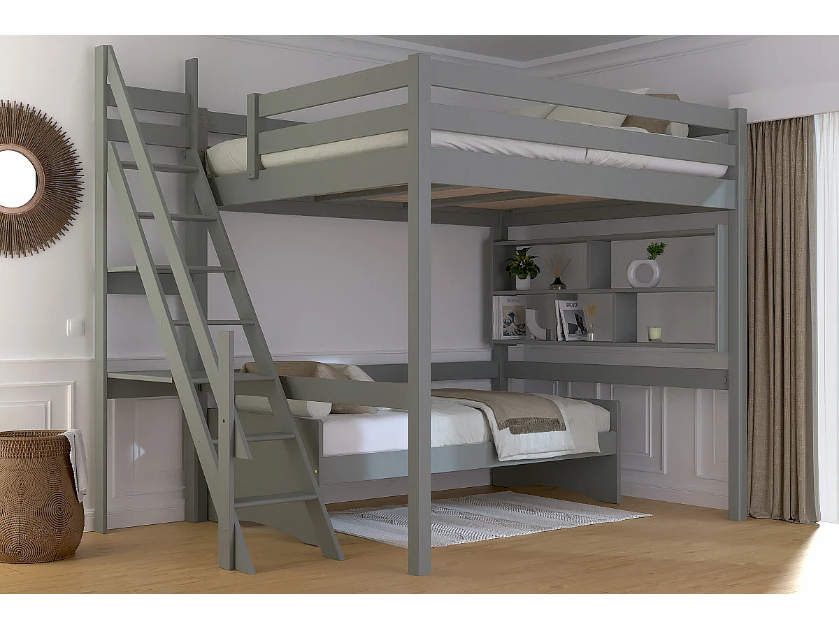 Lit Mezzanine bois 160x200 Sylvia avec escalier de meunier, Gris
