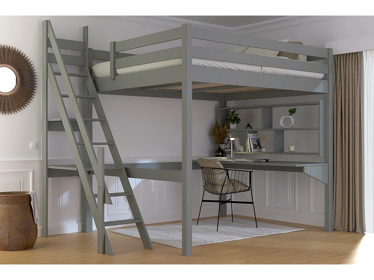Lit Mezzanine bois 160x200 Sylvia avec escalier de meunier, Gris