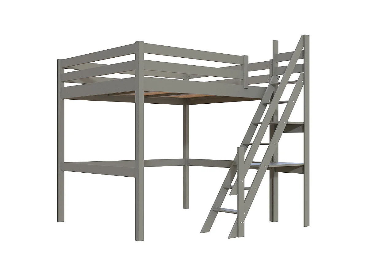 Lit Mezzanine bois 160x200 Sylvia avec escalier de meunier, Gris
