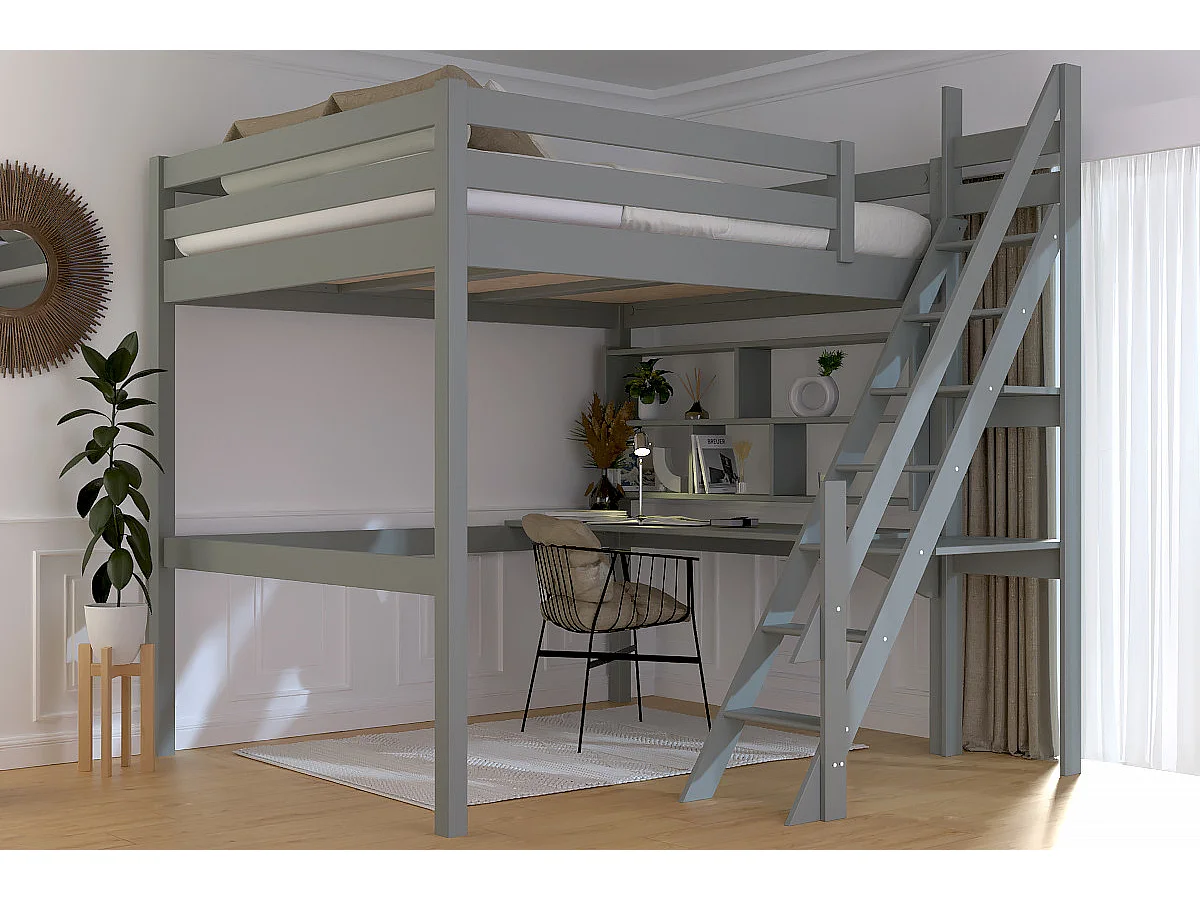 Lit Mezzanine bois 160x200 Sylvia avec escalier de meunier, Gris