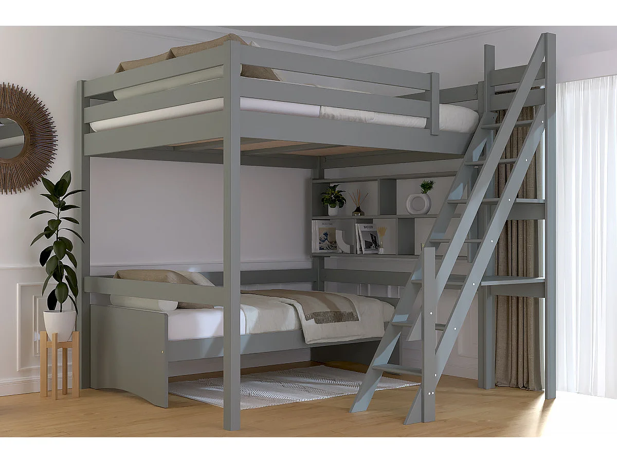 Lit Mezzanine bois 160x200 Sylvia avec escalier de meunier, Gris
