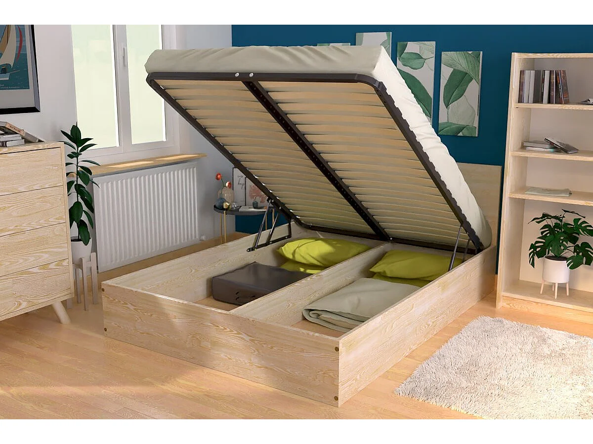 Lit coffre 2 places en bois avec tête de lit - 140x200, Vernis Naturel