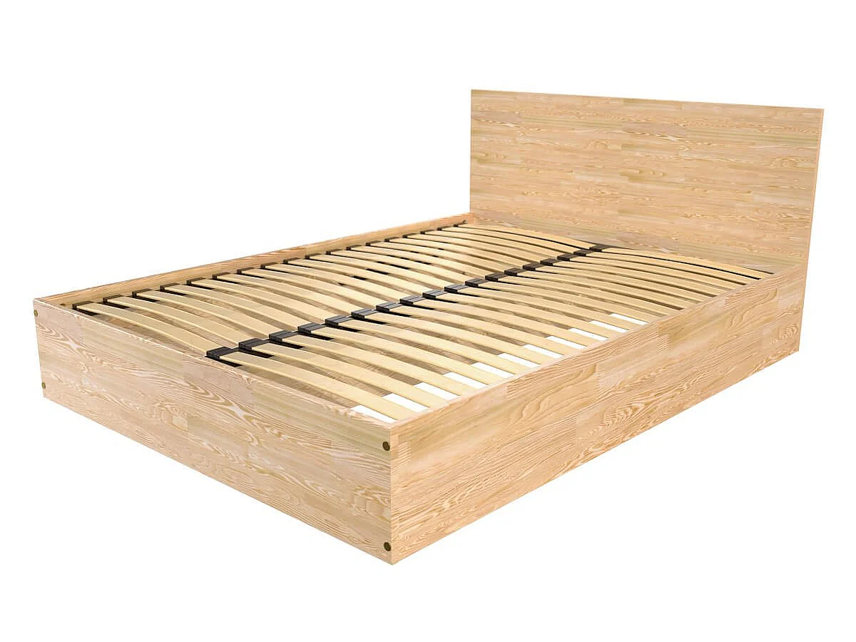Lit coffre 2 places en bois avec tête de lit - 140x200, Vernis Naturel