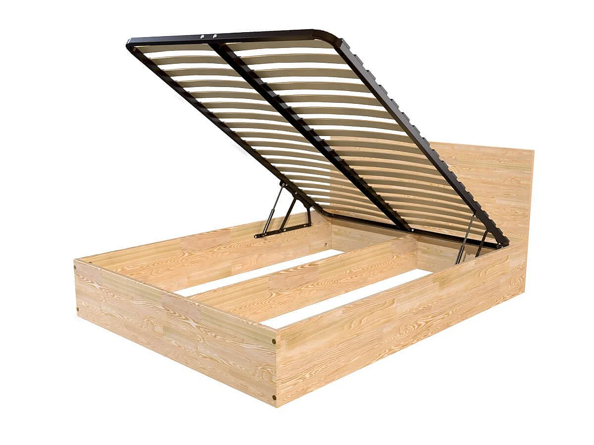 Lit coffre 2 places en bois avec tête de lit - 140x200, Vernis Naturel