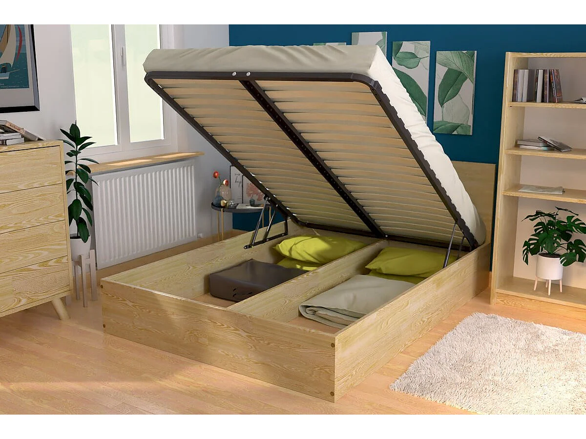 Lit coffre 2 places en bois avec tête de lit - 140x200, Miel
