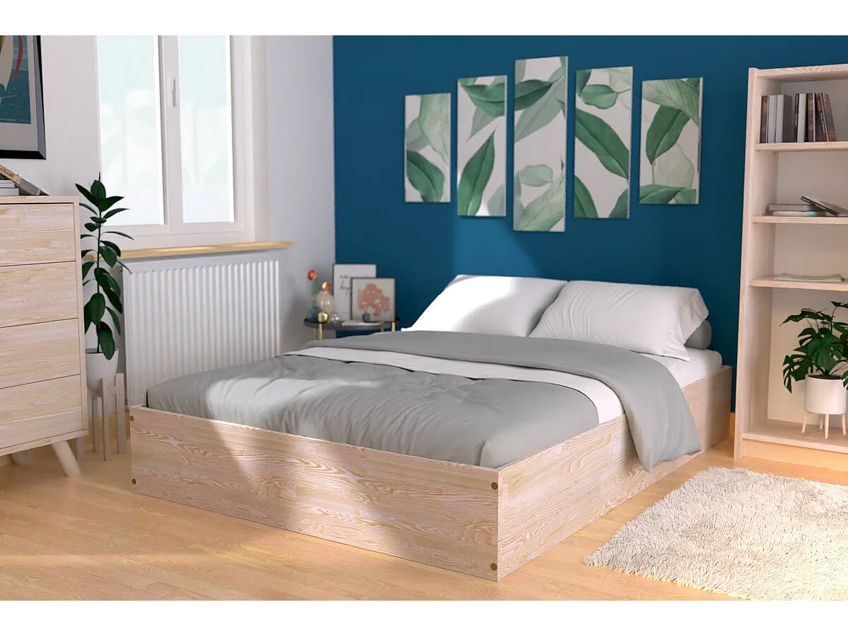 Lit coffre 2 places bois massif robuste - 140x200, Brut (sans vernis)