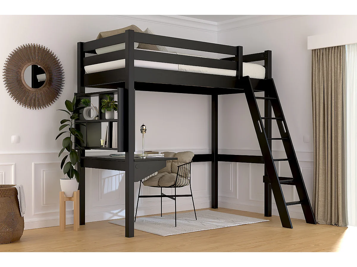 Lit mezzanine 1 place bois Sylvia 90x200 échelle inclinée, Noir