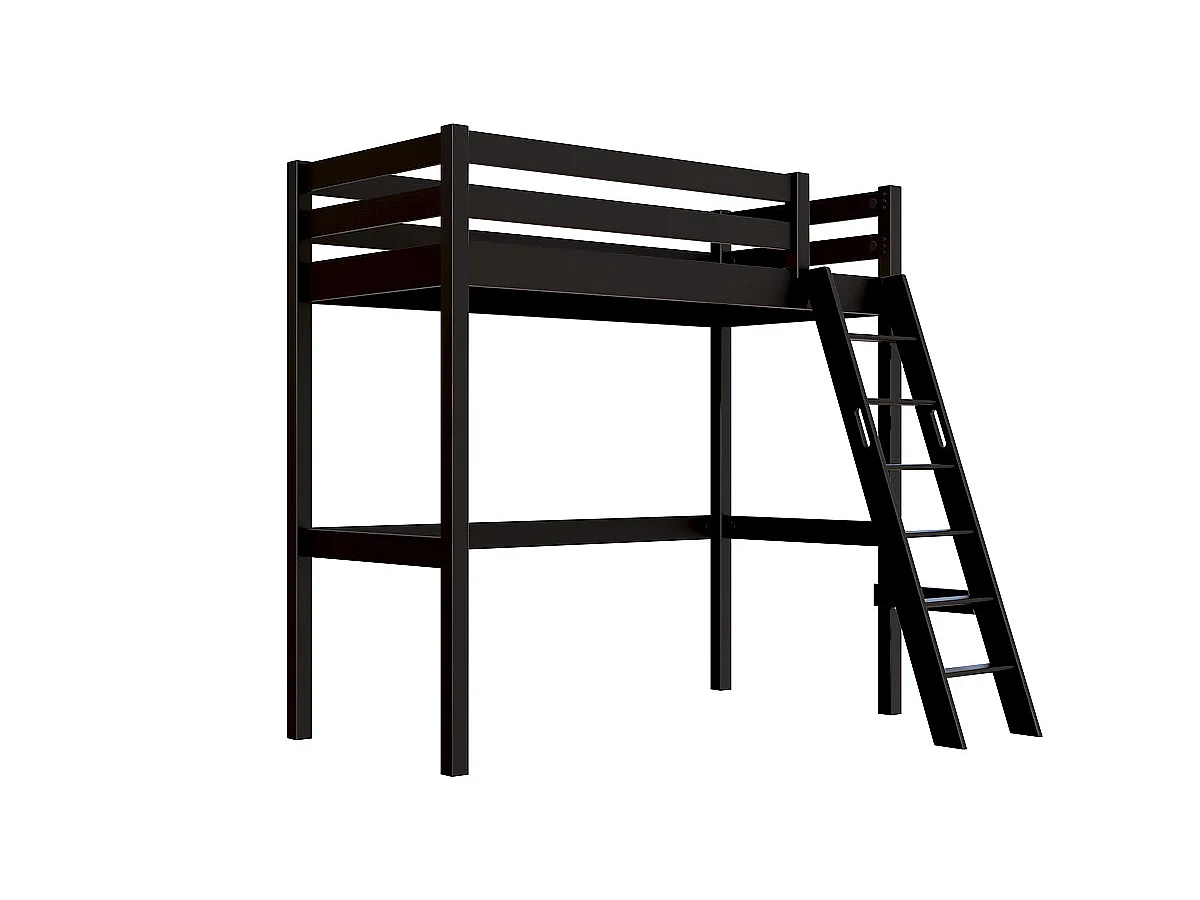 Lit mezzanine 1 place bois Sylvia 90x200 échelle inclinée, Noir