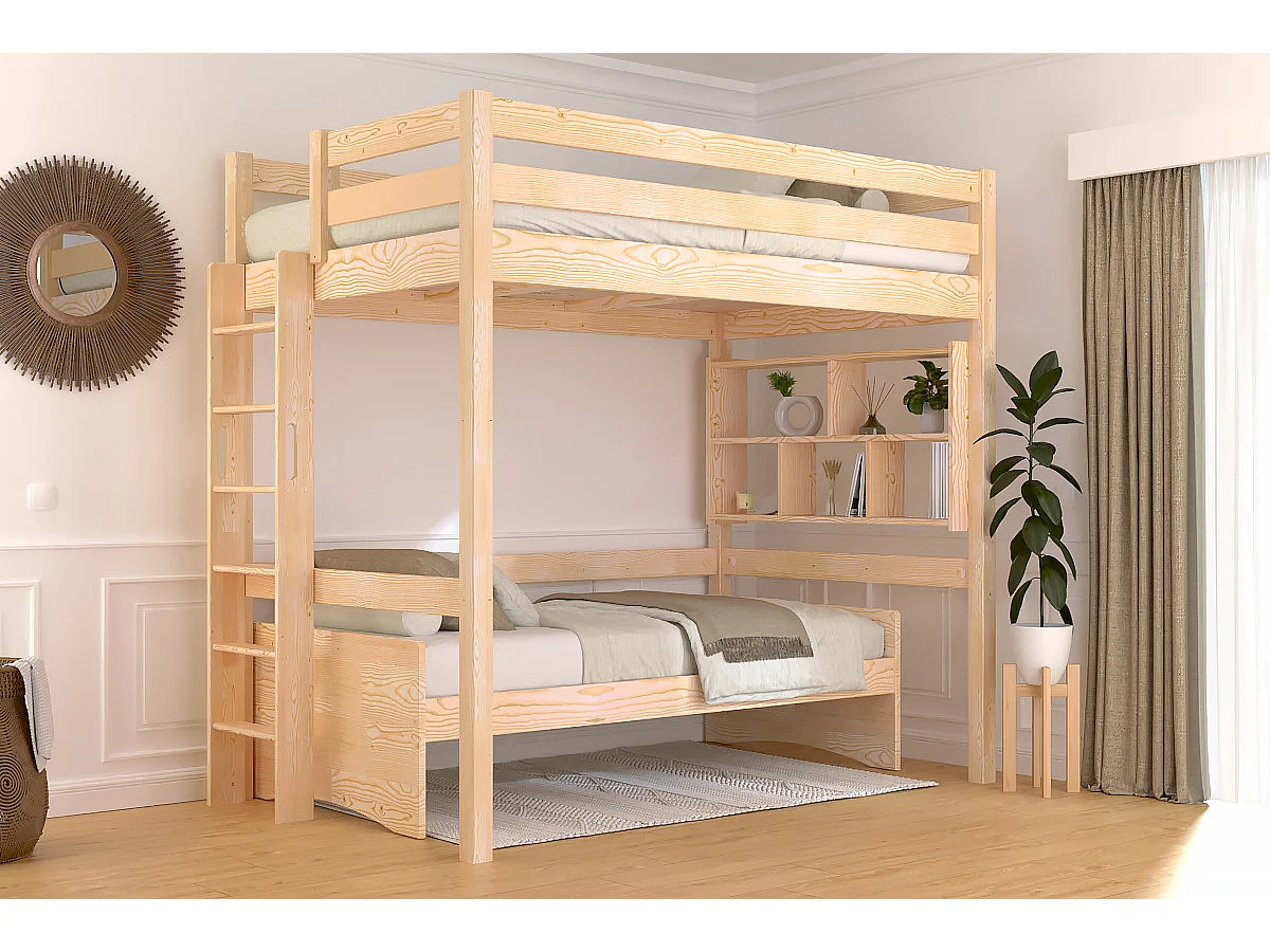 Lit en hauteur 1 place bois Sylvia 120x190 échelle droite, Vernis Naturel