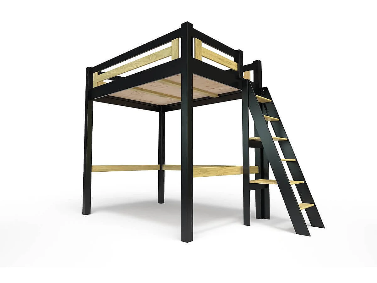 Lit Mezzanine adulte 140x200 bois + échelle hauteur réglable Alpage, Noir/Miel