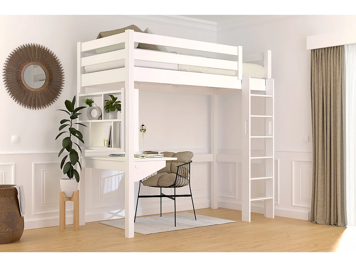 Lit en hauteur 1 place bois Sylvia 90x200 échelle droite, Blanc
