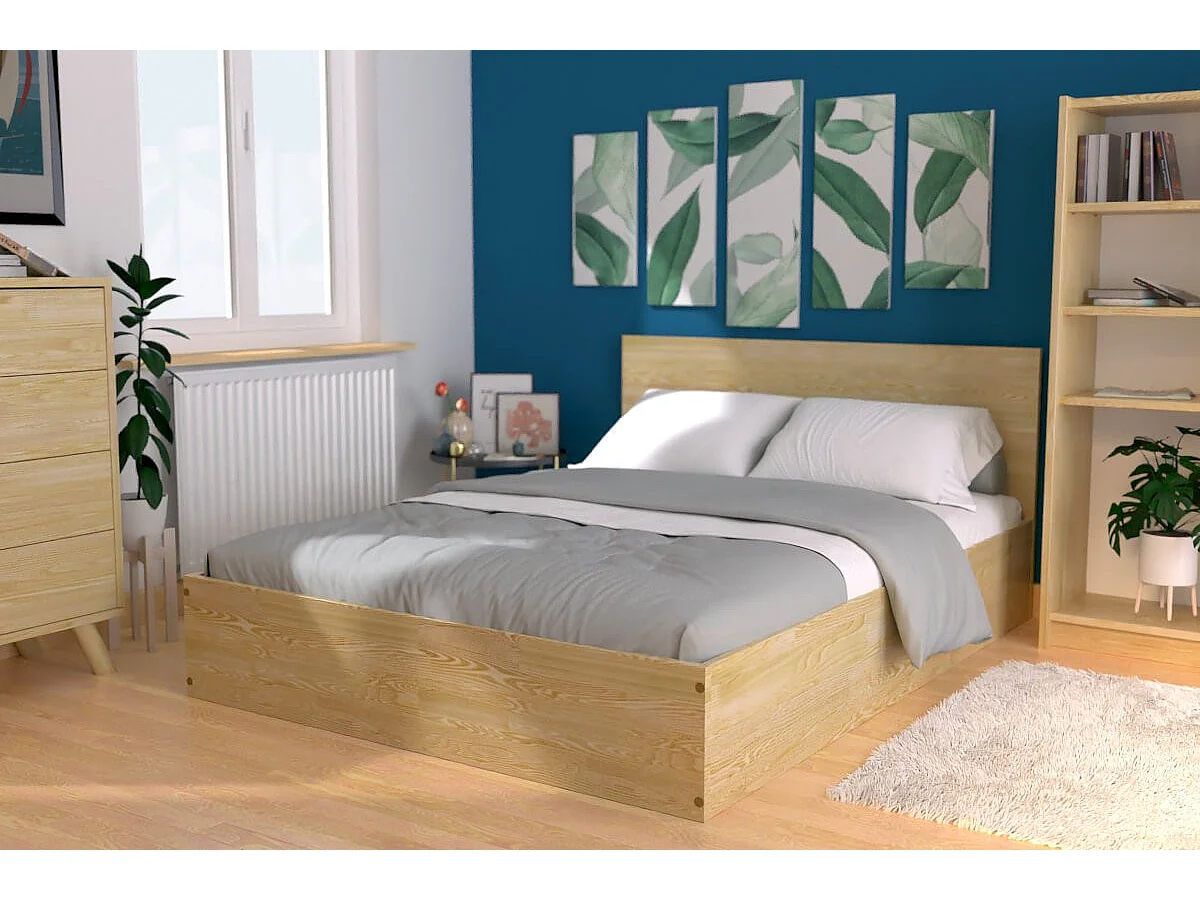 Lit coffre 2 places en bois avec tête de lit -  140x190, Miel