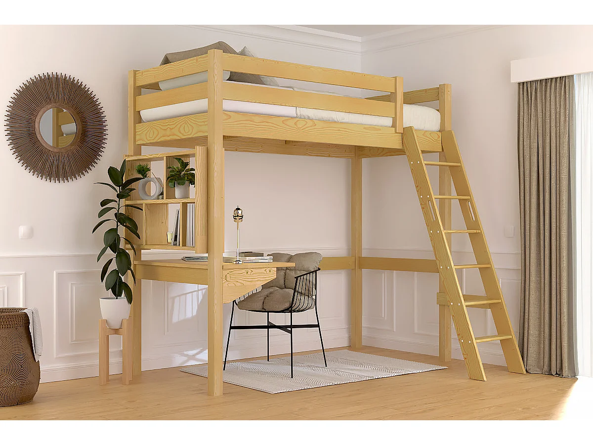 Letto a soppalco 90x200 legno con scala inclinata Sylvia, Miele