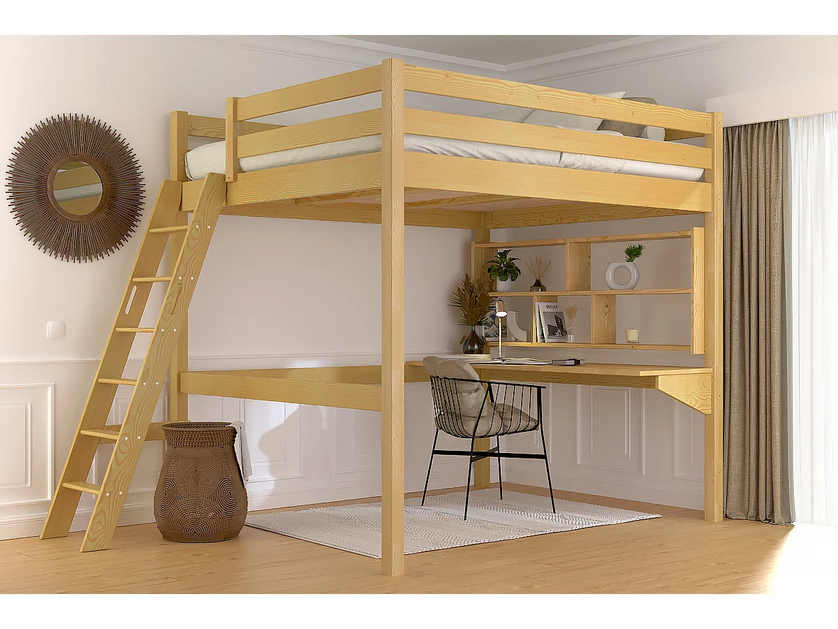 Lit mezzanine 2 places bois Sylvia 160x200 échelle inclinée, Miel