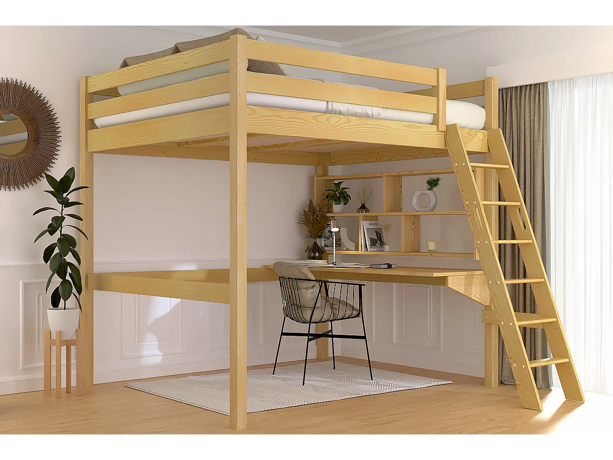 Lit mezzanine 2 places bois Sylvia 160x200 échelle inclinée, Miel