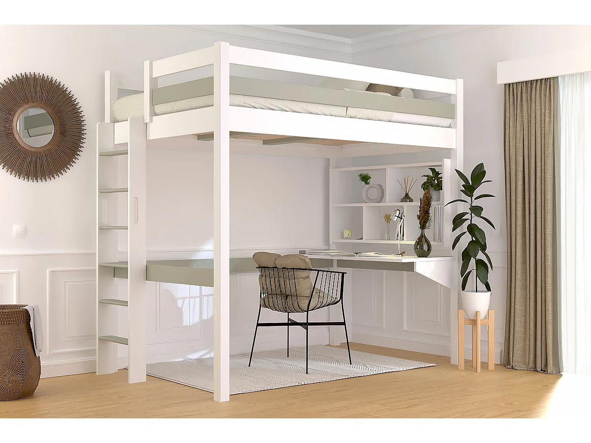 Lit en hauteur 1 place bois Sylvia 120x200 échelle droite, Blanc/Moka
