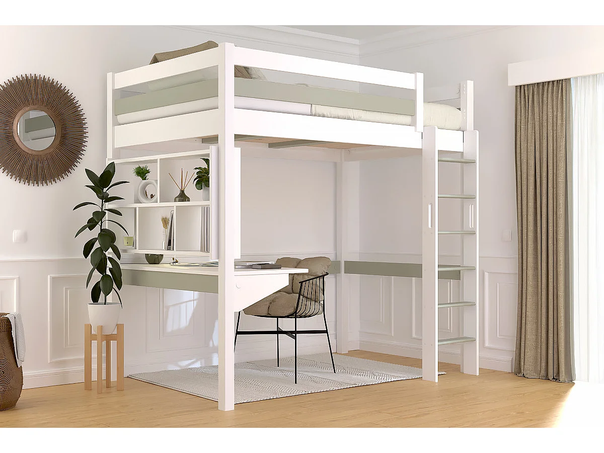 Lit en hauteur 1 place bois Sylvia 120x200 échelle droite, Blanc/Moka