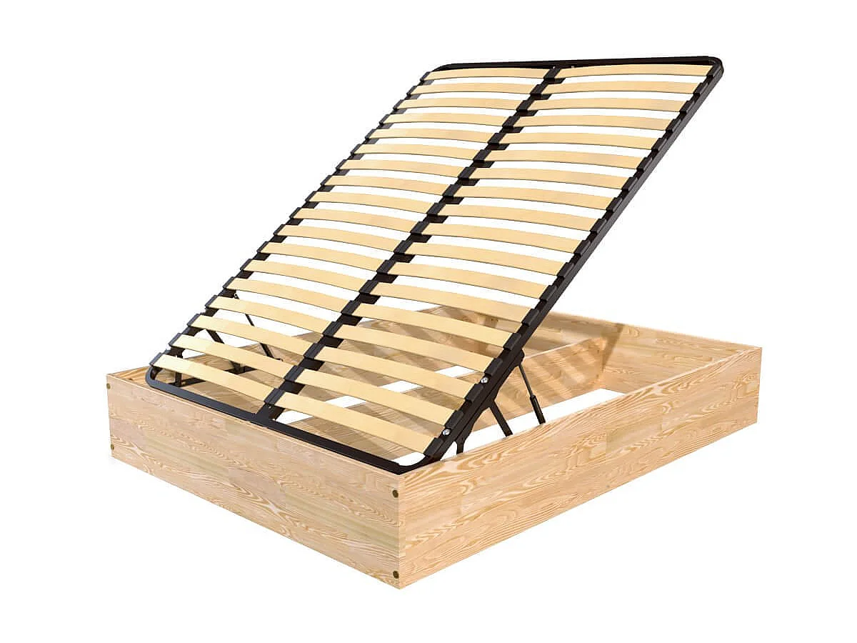 Lit coffre 2 places bois massif robuste - 140x190, Vernis Naturel