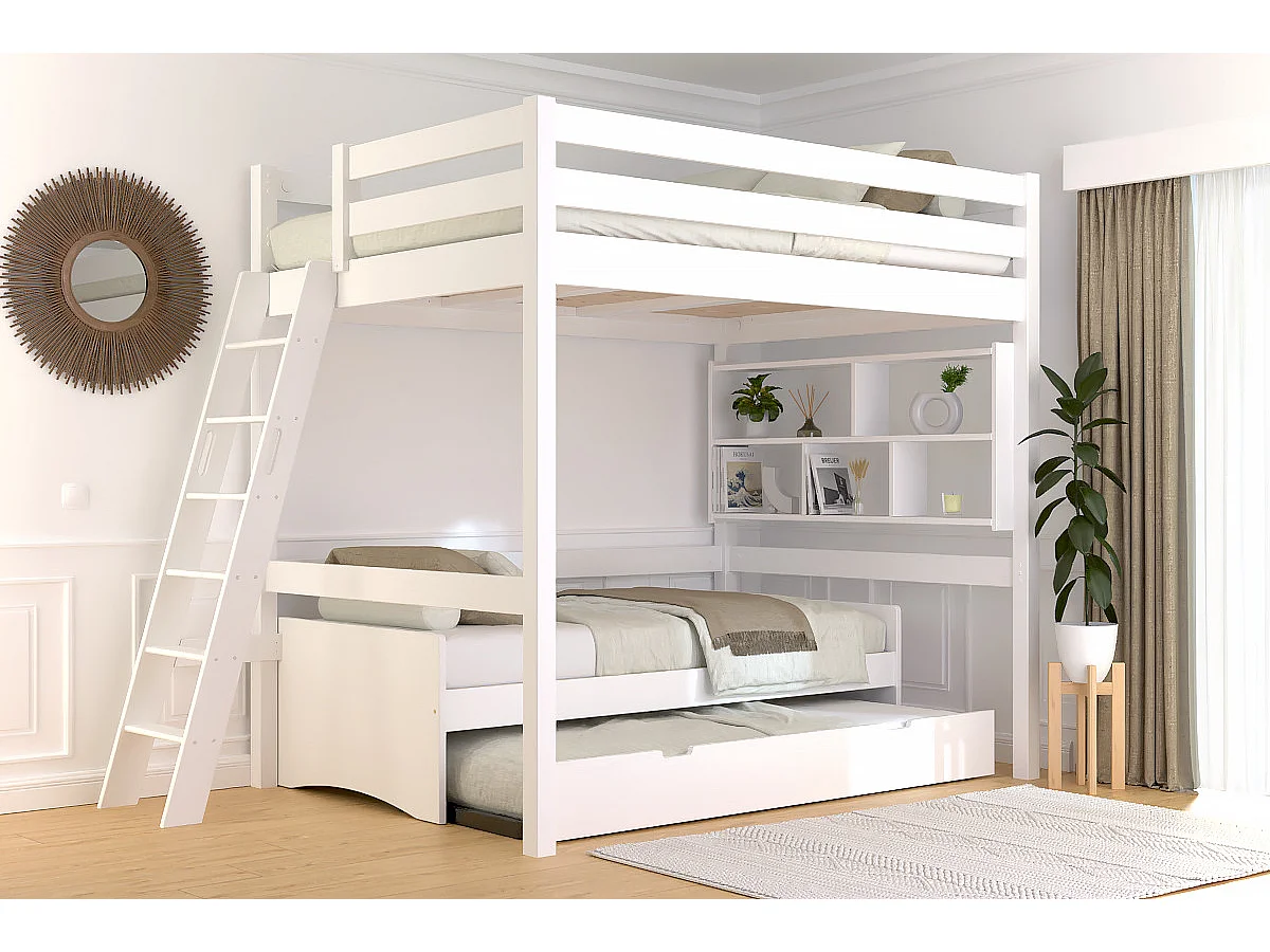 Lit mezzanine 2 places bois Sylvia 140x200 échelle inclinée, Blanc