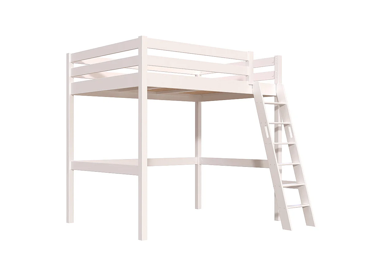 Lit mezzanine 2 places bois Sylvia 140x200 échelle inclinée, Blanc