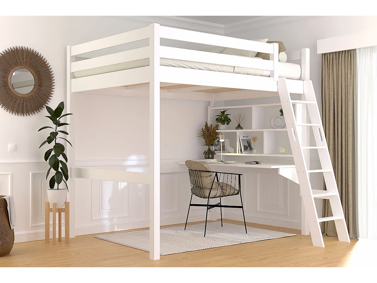Lit mezzanine 2 places bois Sylvia 140x200 échelle inclinée, Blanc