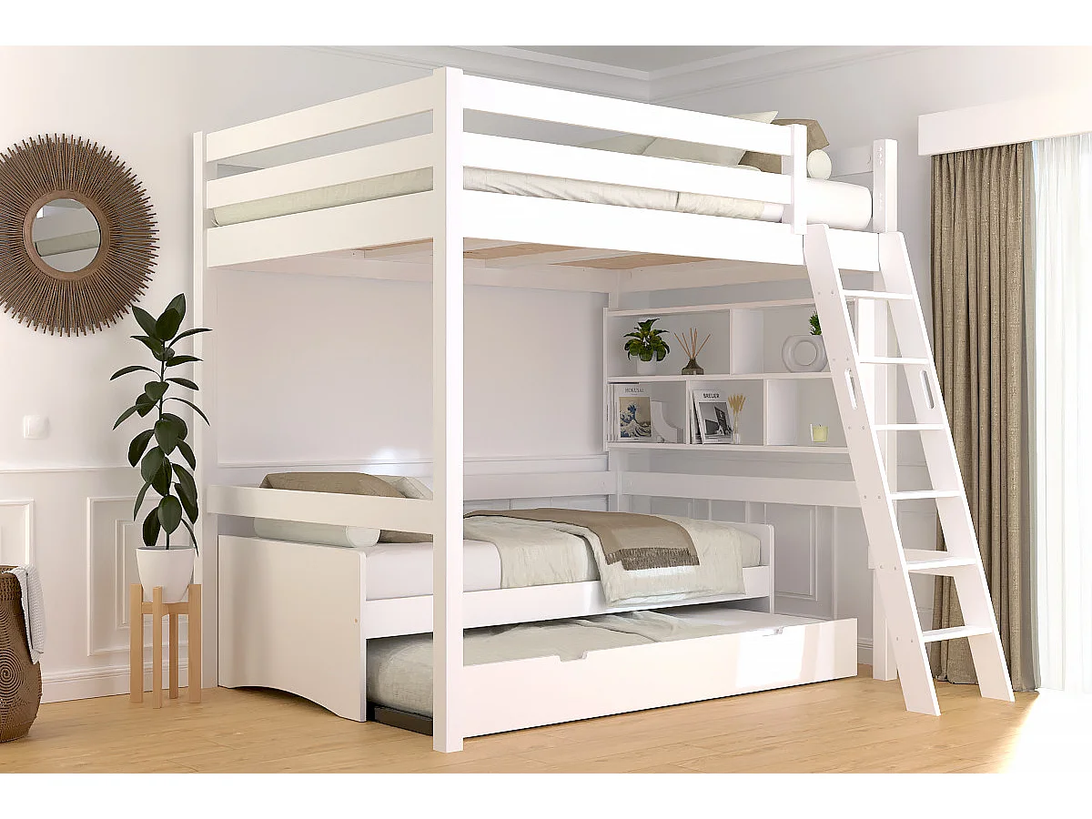 Lit mezzanine 2 places bois Sylvia 140x200 échelle inclinée, Blanc