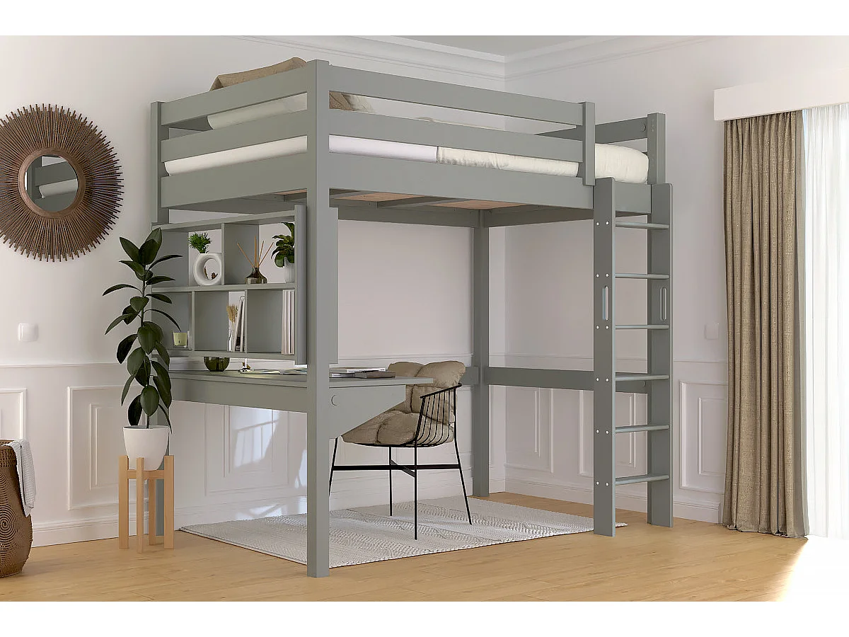 Lit en hauteur 1 place bois Sylvia 120x200 échelle droite, Gris