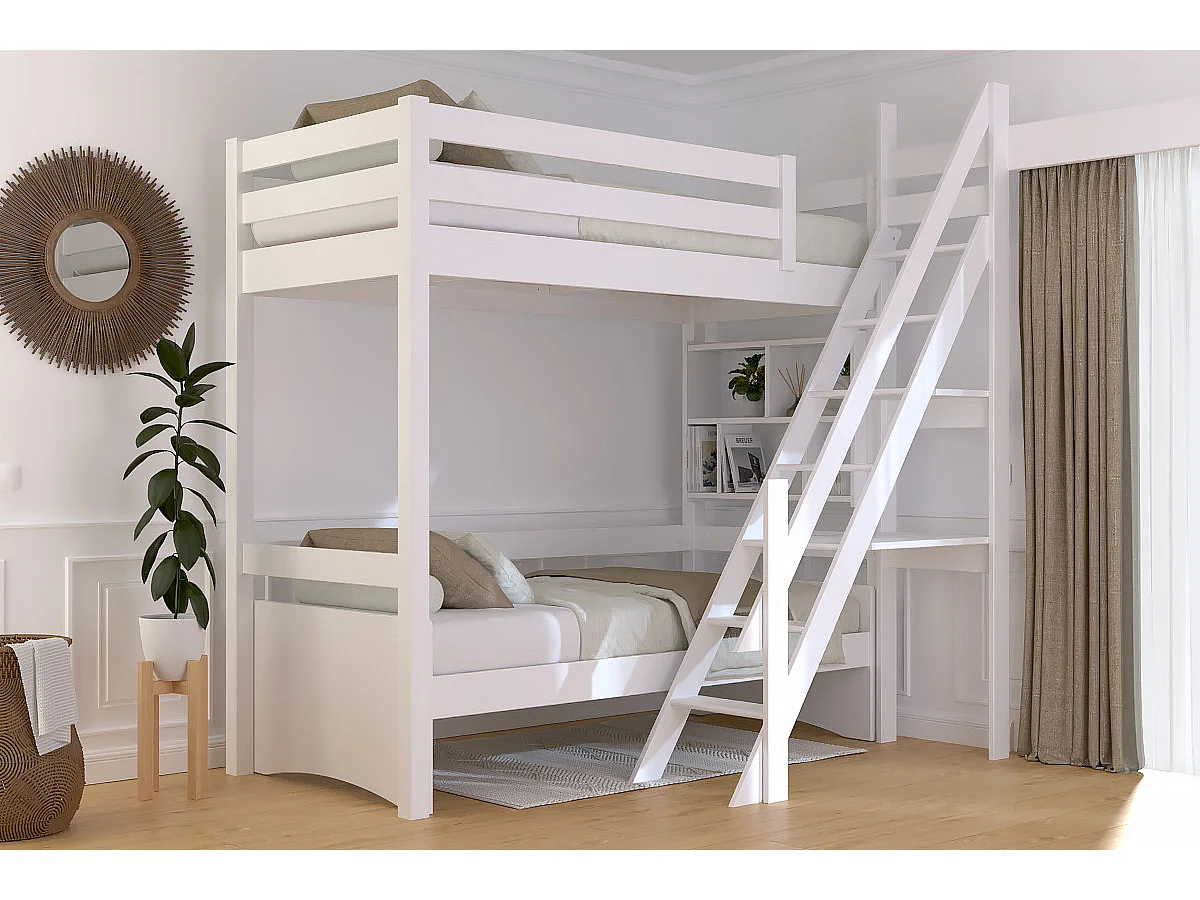 Lit Mezzanine bois Sylvia 90x200 avec escalier de meunier, Blanc