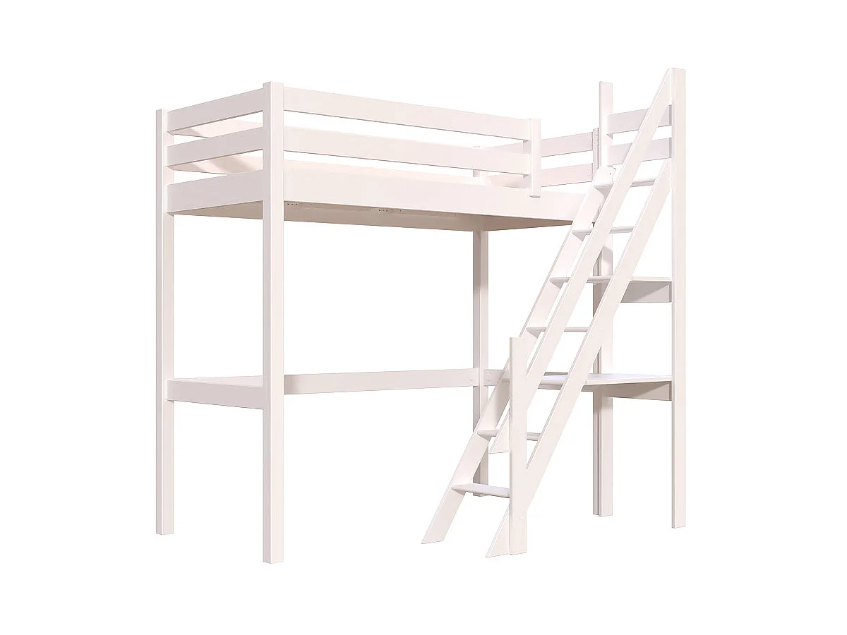 Lit Mezzanine bois Sylvia 90x200 avec escalier de meunier, Blanc