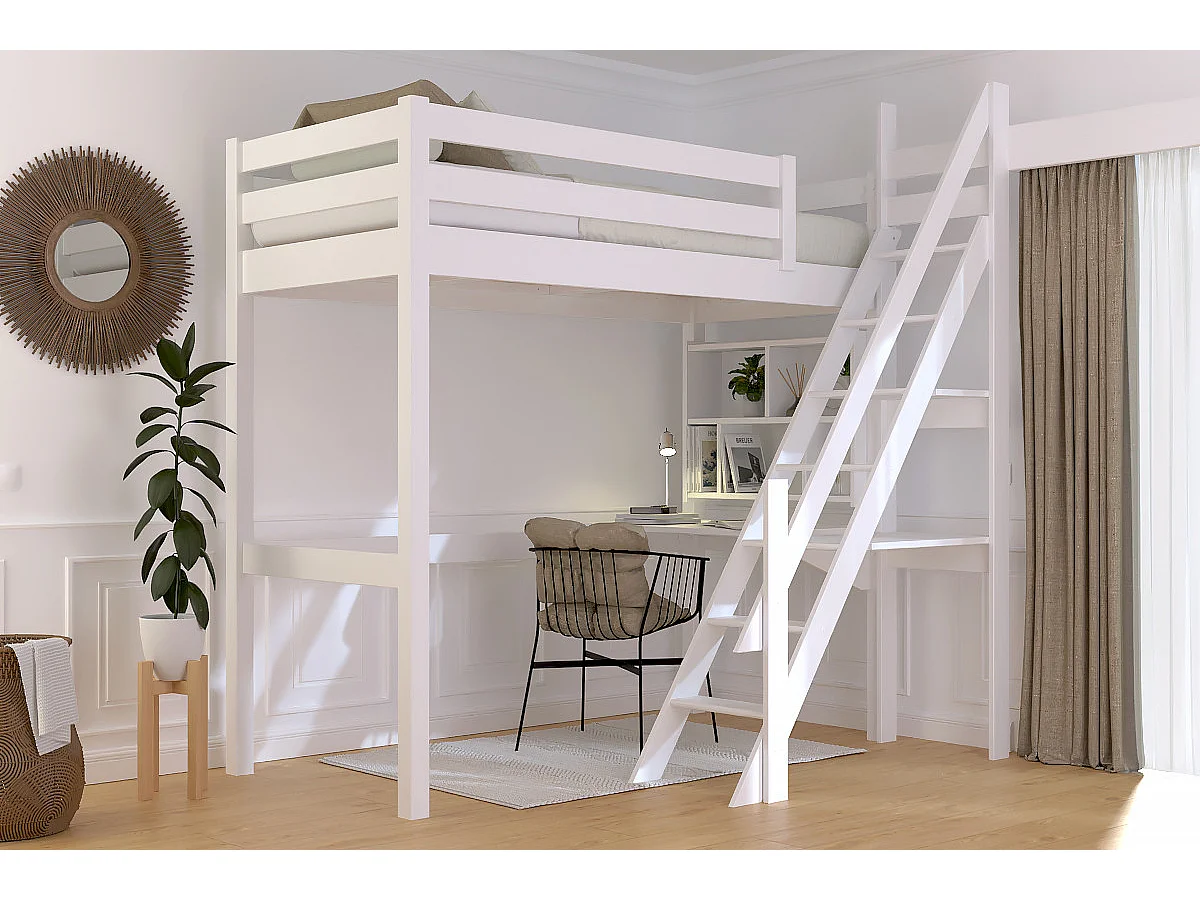 Lit Mezzanine bois Sylvia 90x200 avec escalier de meunier, Blanc