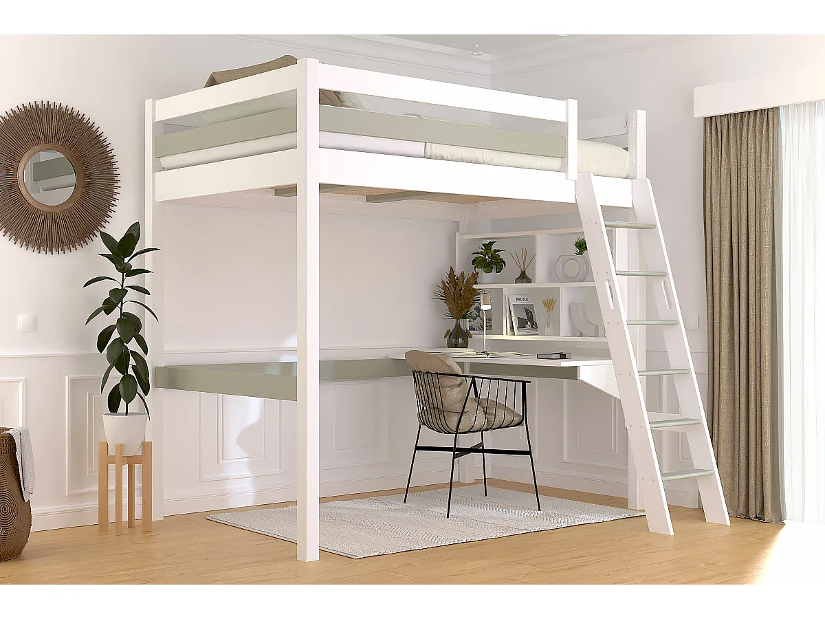 Lit mezzanine 1 place bois Sylvia 120x200 échelle inclinée, Blanc/Moka