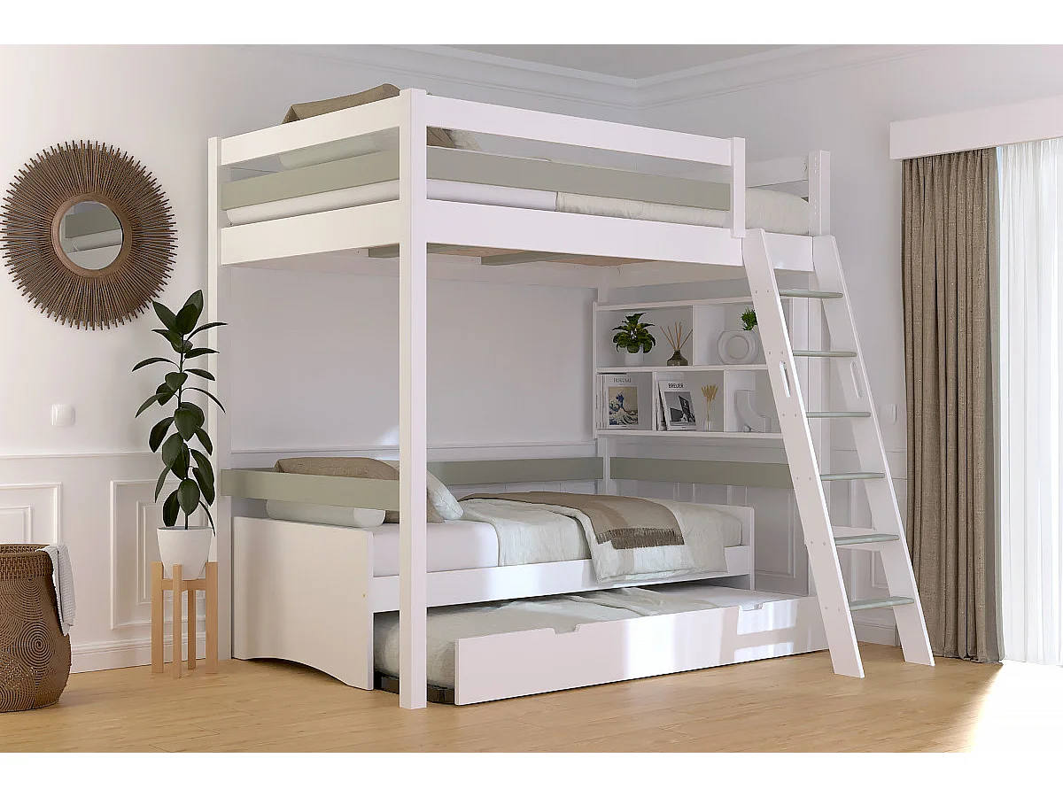 Lit mezzanine 1 place bois Sylvia 120x200 échelle inclinée, Blanc/Moka