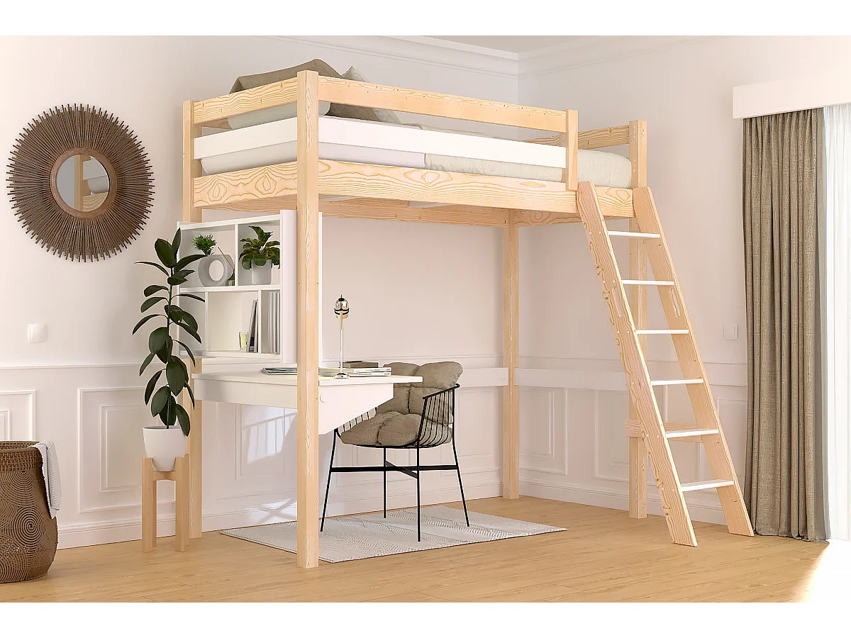Lit mezzanine 1 place bois Sylvia 90x200 échelle inclinée, Vernis naturel/Blanc