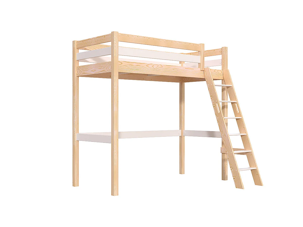 Lit mezzanine 1 place bois Sylvia 90x200 échelle inclinée, Vernis naturel/Blanc