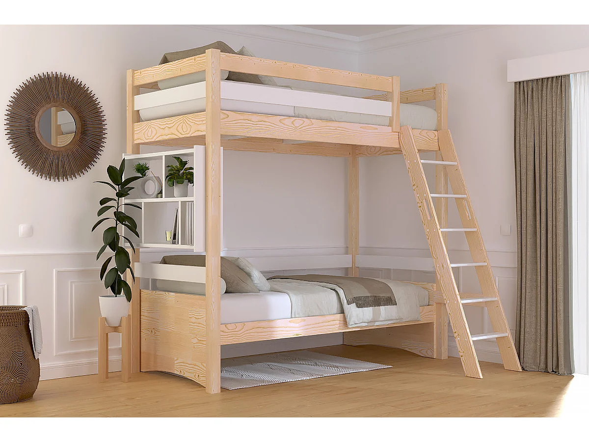 Lit mezzanine 1 place bois Sylvia 90x200 échelle inclinée, Vernis naturel/Blanc