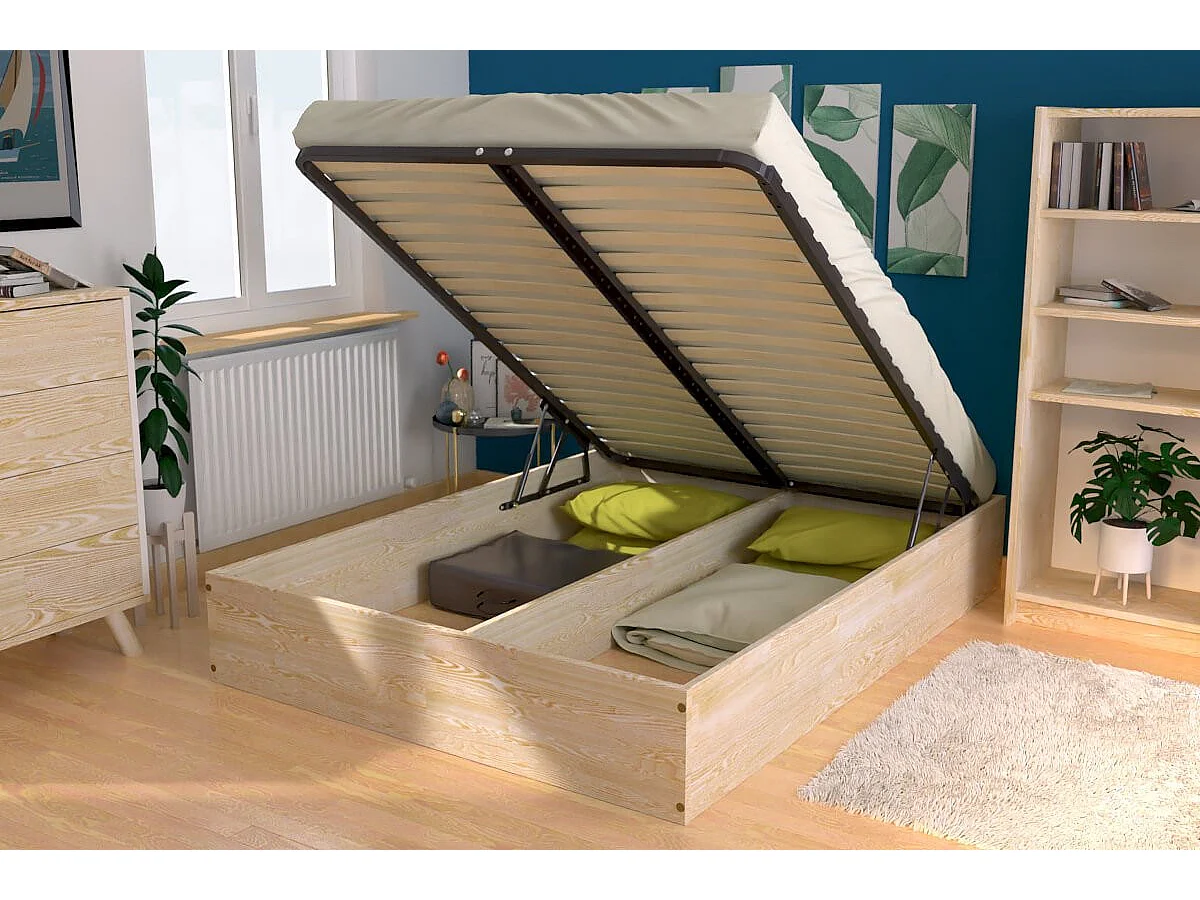 Lit coffre 2 places bois massif robuste - 140x190, Brut (sans vernis)
