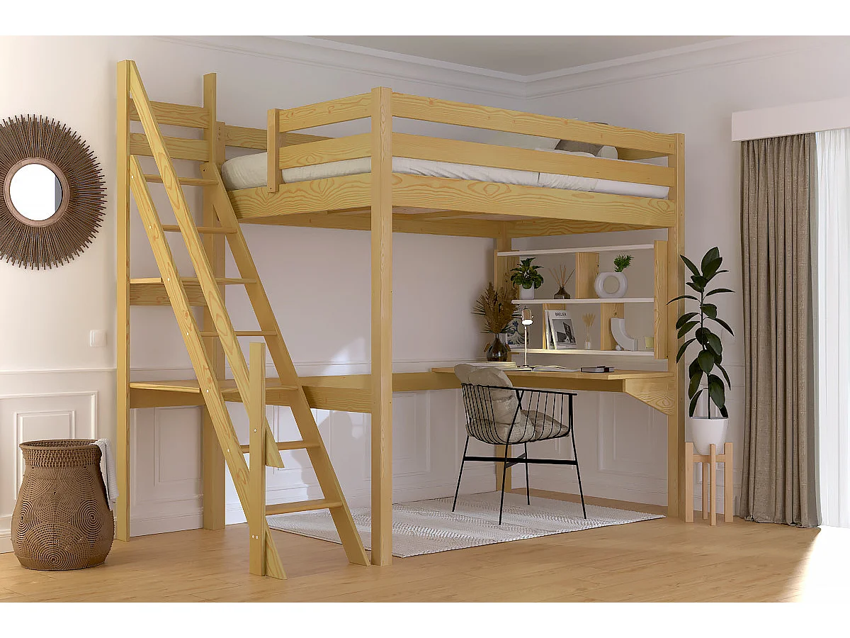 Lit mezzanine bois 120x200 Sylvia avec escalier de meunier, Miel