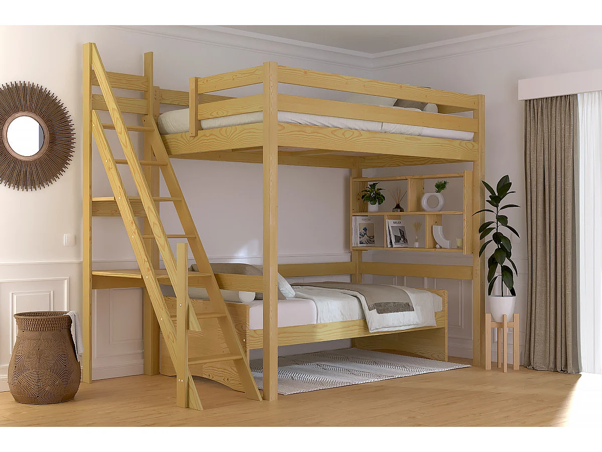 Lit mezzanine bois 120x200 Sylvia avec escalier de meunier, Miel