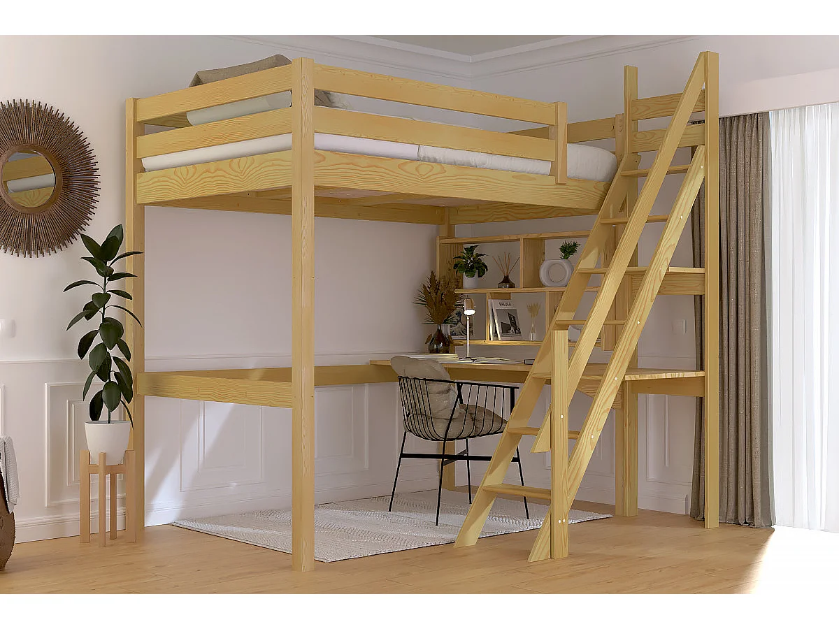 Lit mezzanine bois 120x200 Sylvia avec escalier de meunier, Miel