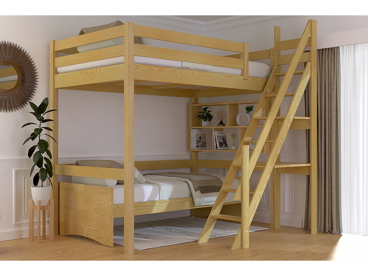 Lit mezzanine bois 120x200 Sylvia avec escalier de meunier, Miel
