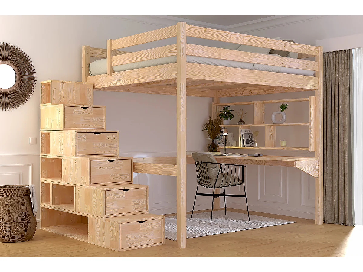 Lit Mezzanine bois 160x200 avec escalier cube Sylvia, Brut (sans vernis)